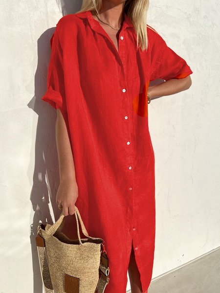 Women's Casual Dress Loose Shirt Collar Short Sleeve Cotton Mini Dress