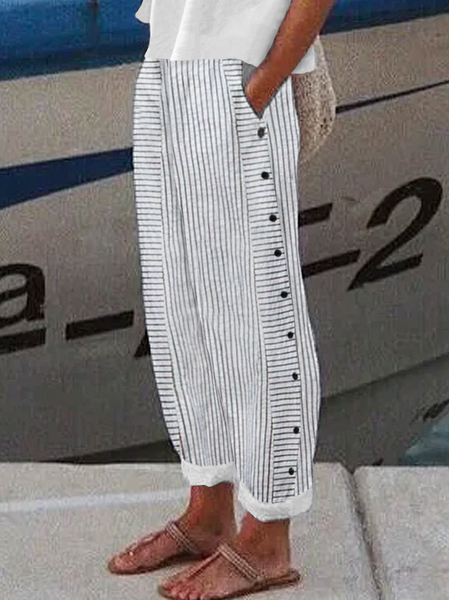 Casual Striped Buttoned Comfy Long Pants