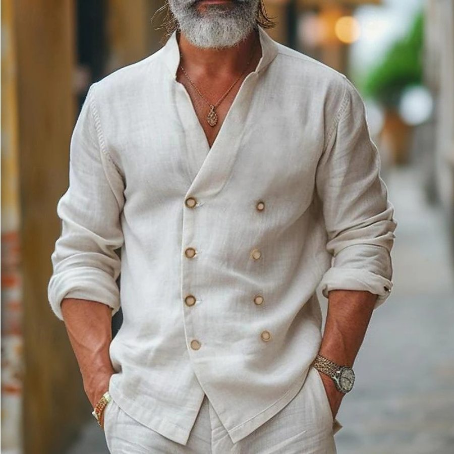 Men's Shirt Linen Shirt Summer Shirt Beach Wear Button Up Shirt Black White Blue Long Sleeve Plain Band Collar
