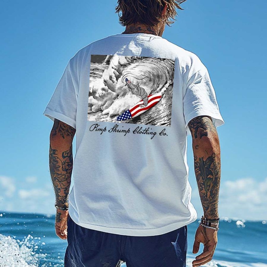 Unisex Surf Shrimp American Flag Graphic Print Oversized White Cotton Short Sleeve T-Shirt