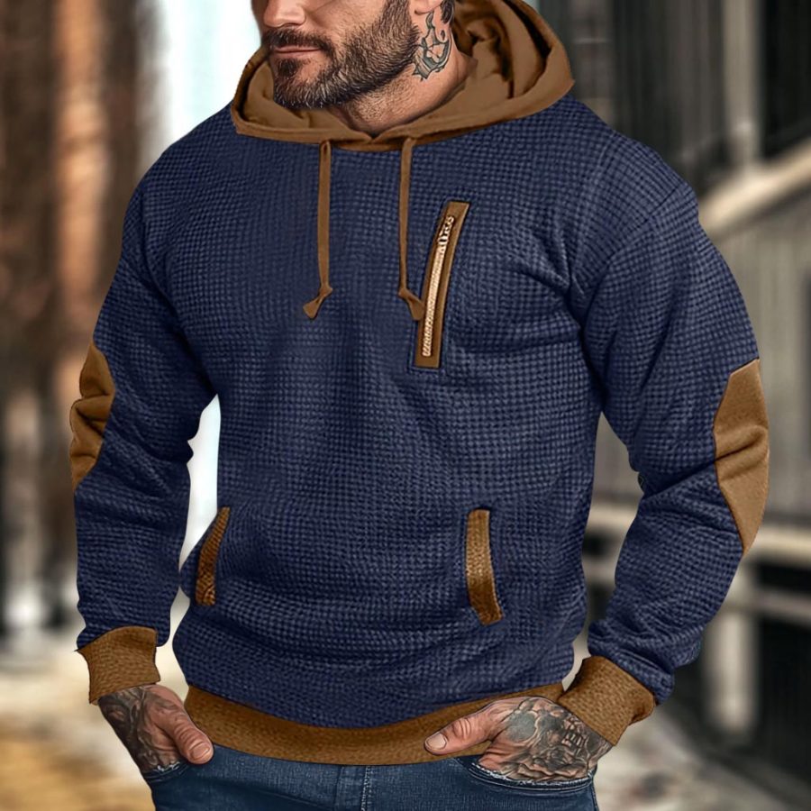 Men's Vintage Waffle Contrast Elbow Patches Pocket Hoodie