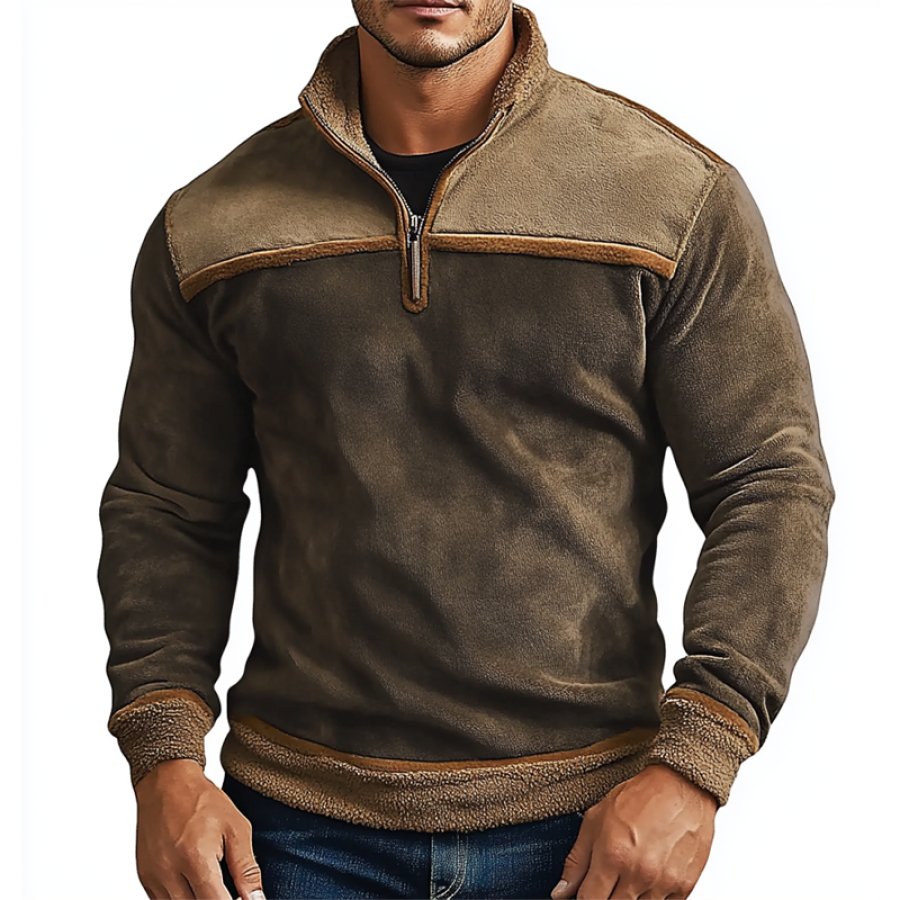 Men's Vintage Suede Patchwork Lamb Fleece Quarter Zip Stand Collar Pullover