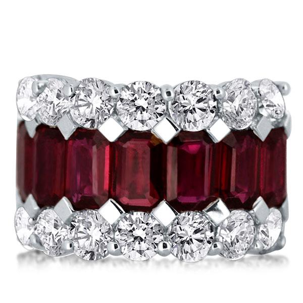 Triple Row Garnet Emerald & Round Cut Wedding Band