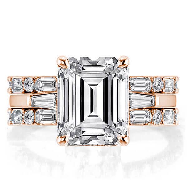 Classic Three Stone Rose Gold Emerald 3PC Wedding Set