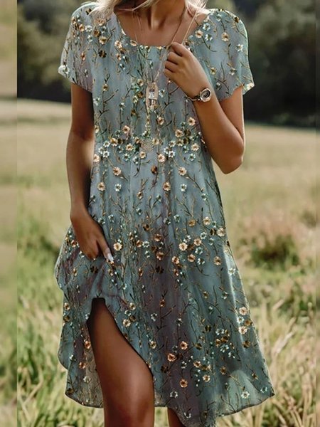 Women Floral Crew Neck Short Sleeve Comfy Vintage Midi Dress