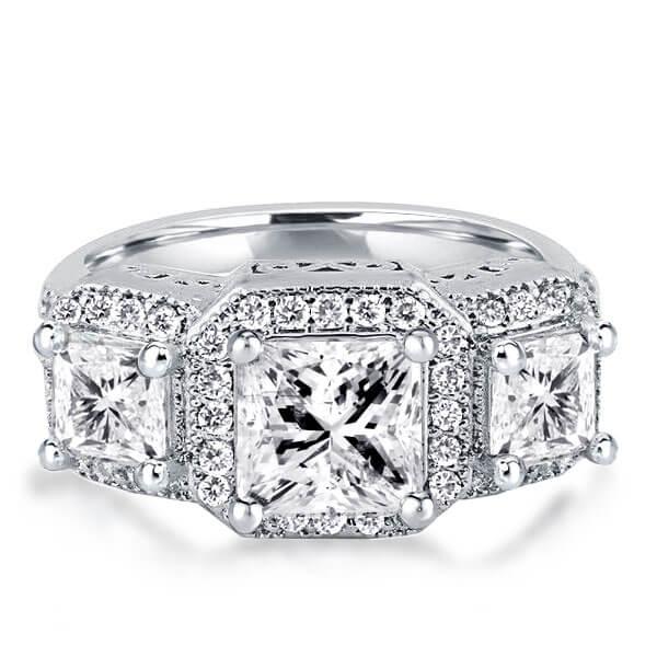 Italo Halo Princess Cut Engagement Ring 3 Stone Engagement Ring
