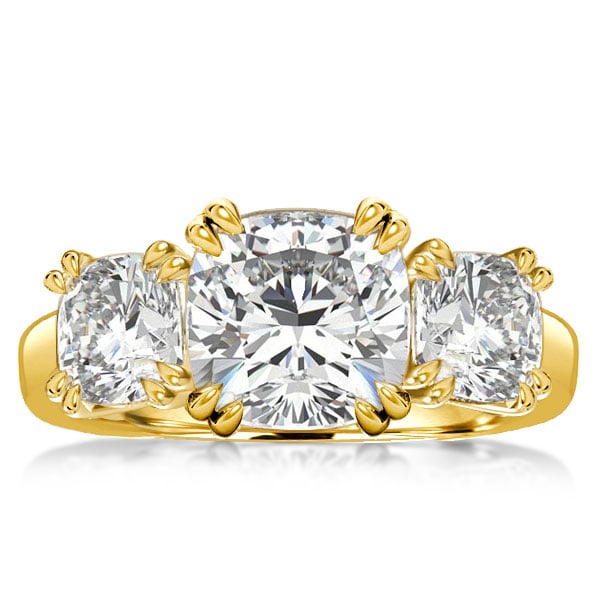 Golden Three Stone Cushion Cut Engagement Ring