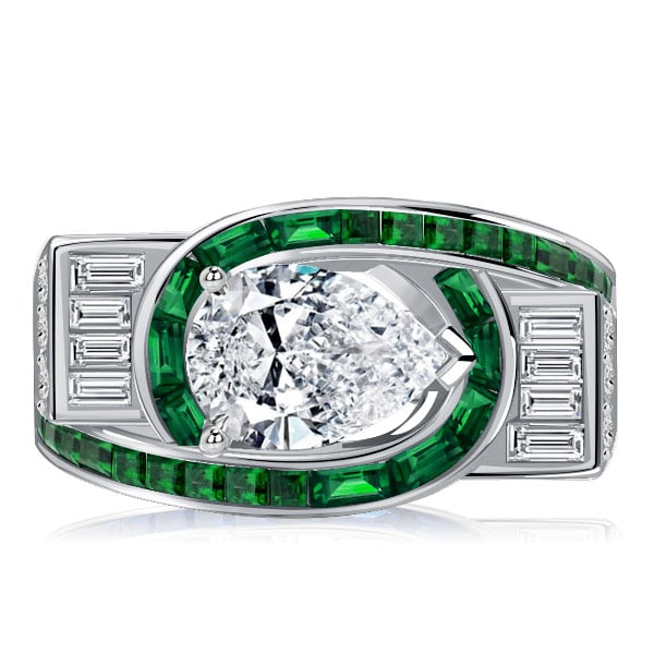 Italo Art Deco Pear Shaped Emerald Green Engagement Ring
