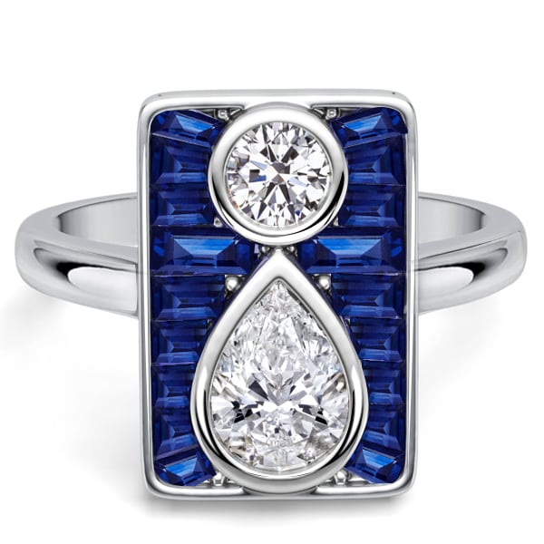 Italo Unique Design Pear & Round White & Blue Sapphire Engagement Ring