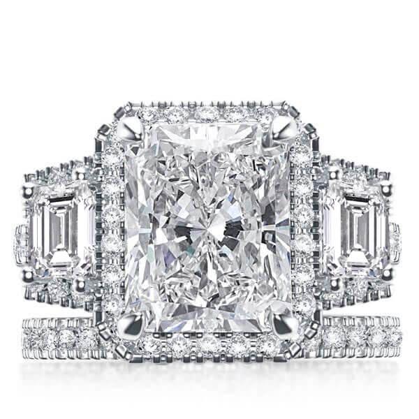 Art Deco Three Stone Halo Bridal Set