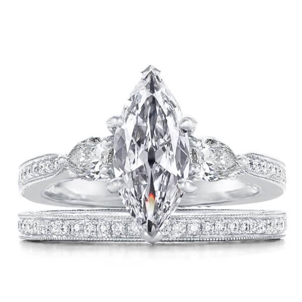 Italo Three Stone Milgrain Created White Sapphire Bridal Set
