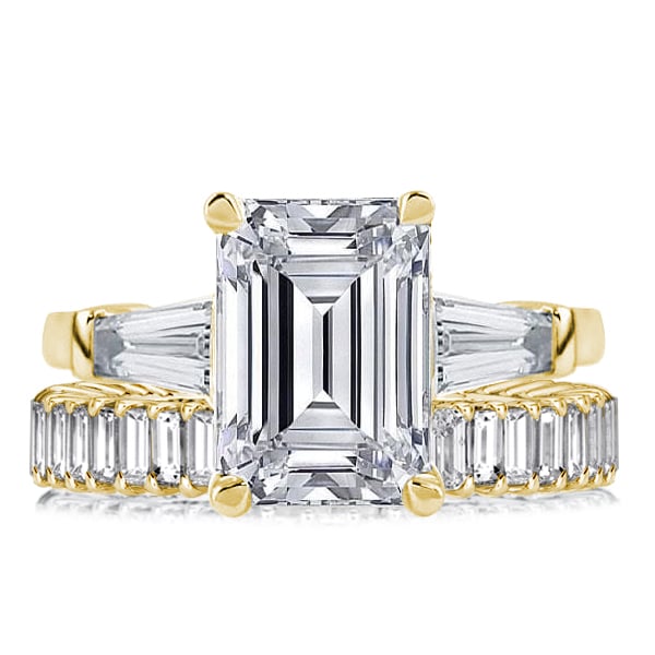 Italo Golden Three Stone Emerald Cut Engagement Rings Sets