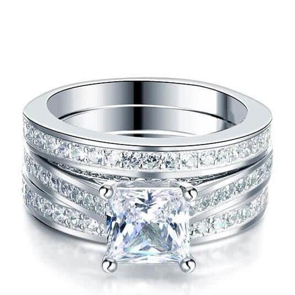 Italo Princess Cut Engagement Ring Silver 3PC Wedding Set