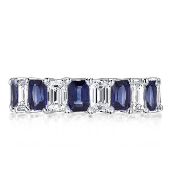 Emerald Cut Blue & White Sapphire Eternity Wedding Band