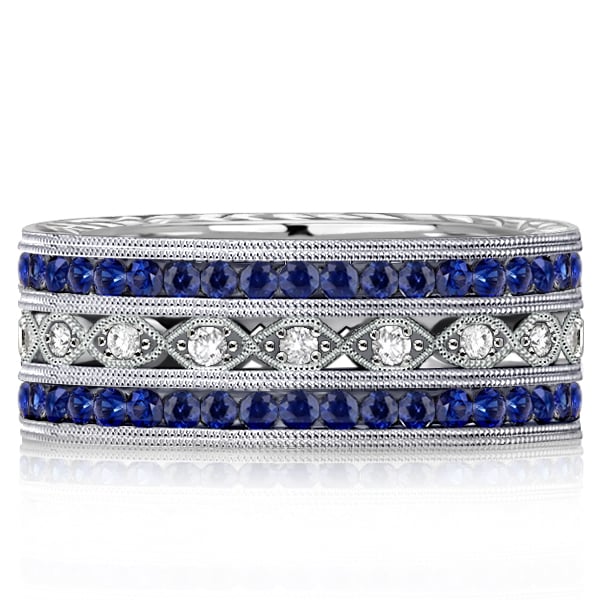 Italo Art Deco Milgrain Blue Sapphire Eternity Band For Women