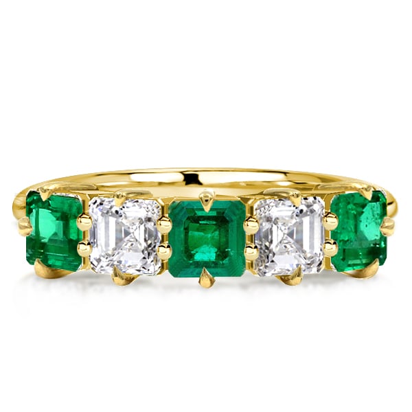 Five Stone Asscher Cut Green Emerald Half Eternity Wedding Band For Women