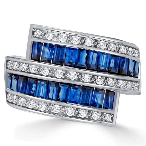 Italo Baguette Blue Sapphire Bypass Ring Vintage Wedding Band
