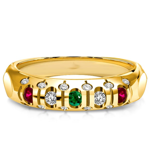 Italo Golden Vintage Wedding Band Five Stone Ring Ruby Emerald Band Ring