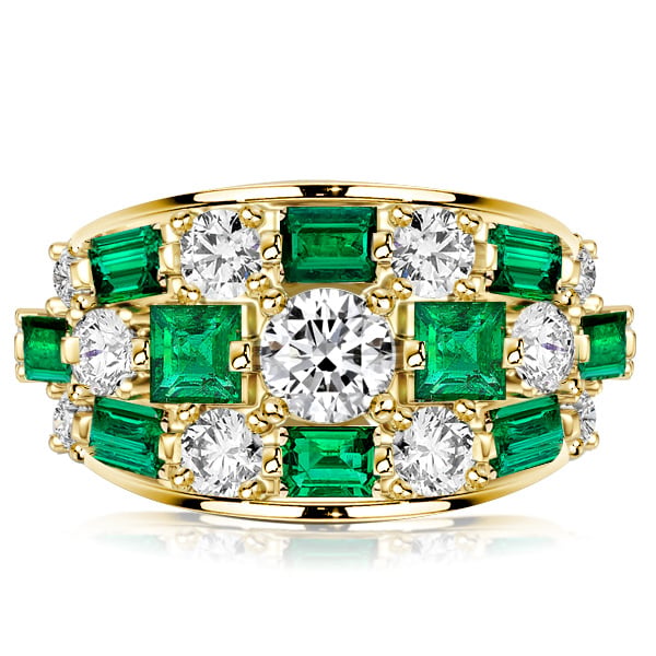 Italo Triple Row Round & Asscher Cut Emerald Green Wedding Band For Women