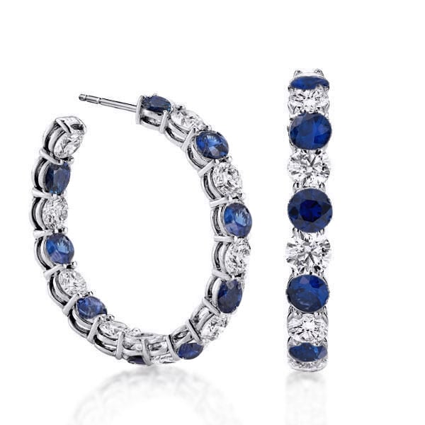 Classic Blue Sapphire Round Cut Hoop Earrings