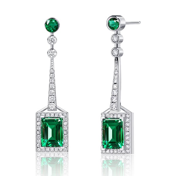 Emerald Cut Rectangle Emerald Drop Earrings In Sterling Silver
