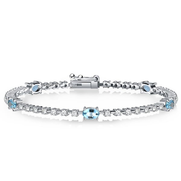 Italo Aquamarine & White Oval Cut Tennis Bracelet For Women