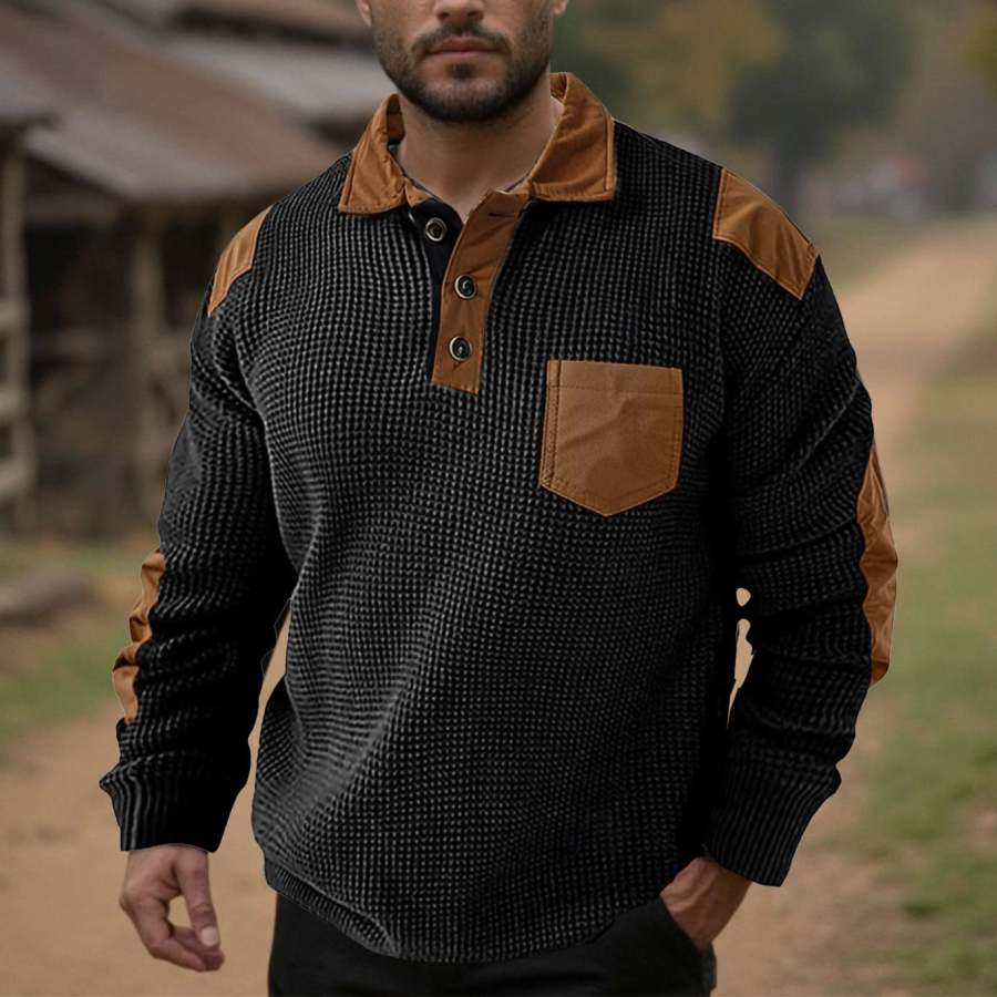 Men's Waffle Polo Shirt Long Sleeve Vintage Fashion Button Pocket Spring & Fall Black Polo Shirt