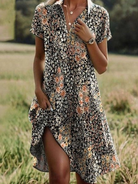 Women Floral Shirt Collar Short Sleeve Comfy Casual Midi Dress