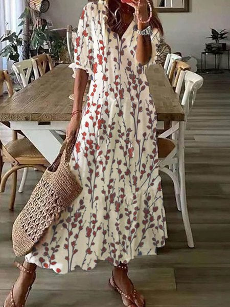 V Neck Loose Blue Floral Casual Dress 2023
