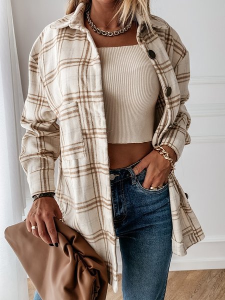 Women Autumn Outerwear Vintage Plaid Long Sleeve Shawl Collar Jacket