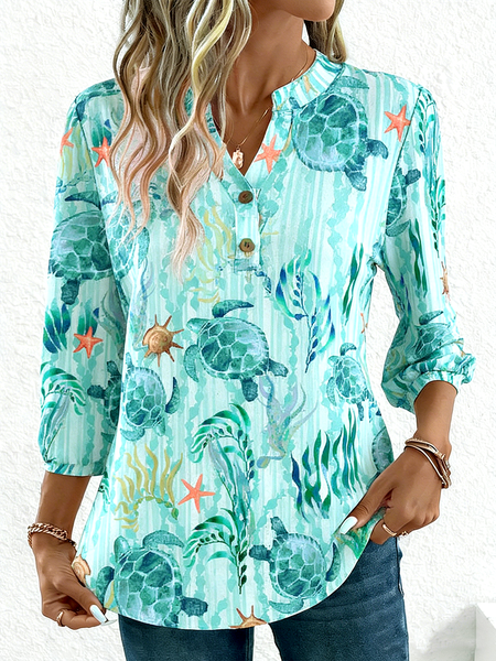 Elegant Marine Life V Neck Three Quarter Sleeve T-shirt
