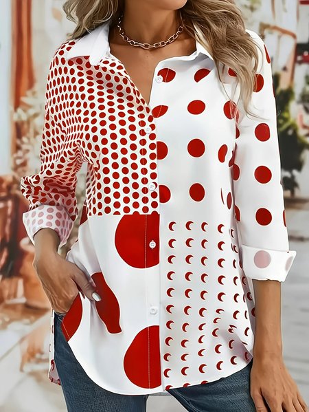 Shirt Collar Long Sleeve Polka Dots Regular Micro-Elasticity Regular Fit Shirt For Women