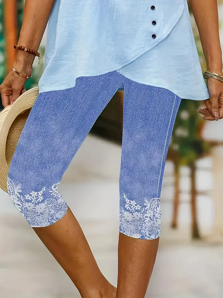 Casual Floral Printing Capris Elastic Waist Leggings