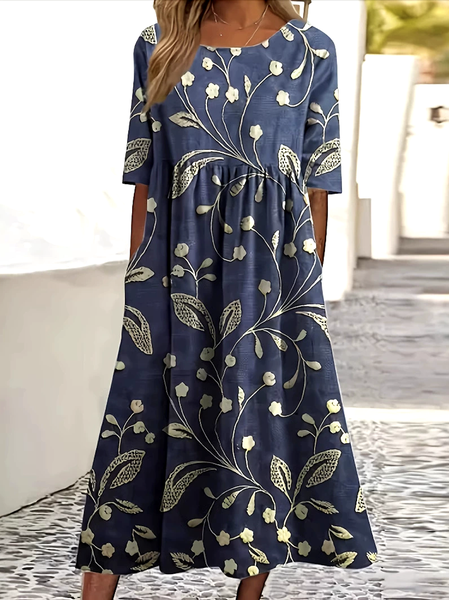 Women Floral Crew Neck Short Sleeve Comfy Casual Maxi Dress