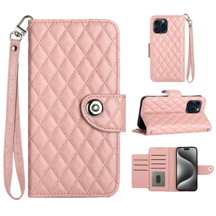 For iPhone 15 Pro Rhombic Texture Flip Leather Phone Case with Lanyard(Coral Pink)