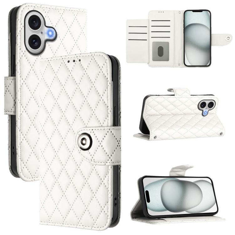 For iPhone 17 Rhombic Texture Flip Leather Phone Case with Lanyard(White)