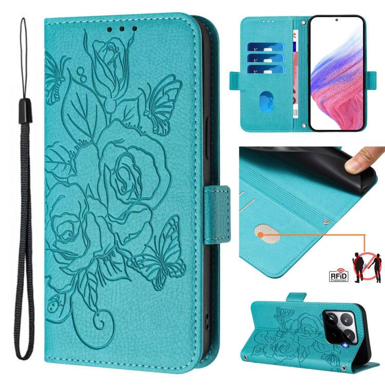 For Xiaomi 15T Pro 5G Embossed Rose RFID Anti-theft Leather Phone Case(Light Blue)