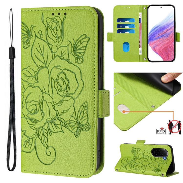 For Xiaomi Poco M7 4G 169mm Embossed Rose RFID Anti-theft Leather Phone Case(Green)