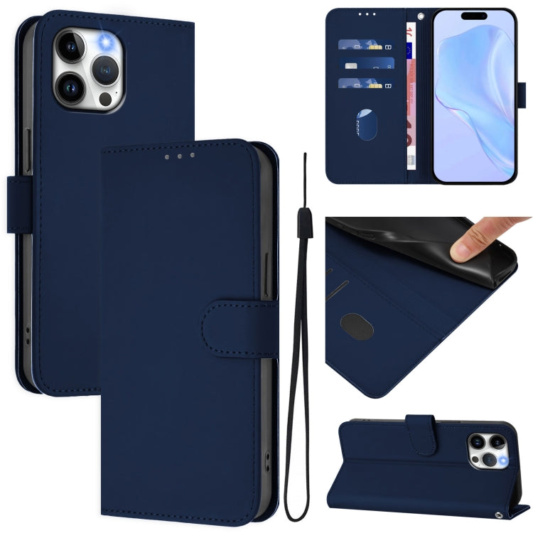 For iPhone 13 Pro Max Skin Feel Solid Color Leather Phone Case with Lanyard(Navy Blue)