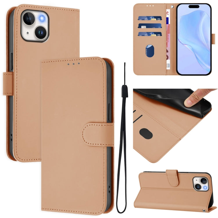 For iPhone 13 mini Skin Feel Solid Color Leather Phone Case with Lanyard(Nude)