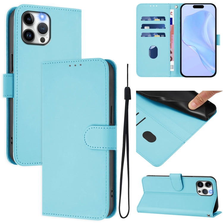 For iPhone 12 Pro Max Skin Feel Solid Color Leather Phone Case with Lanyard(Sky Blue)
