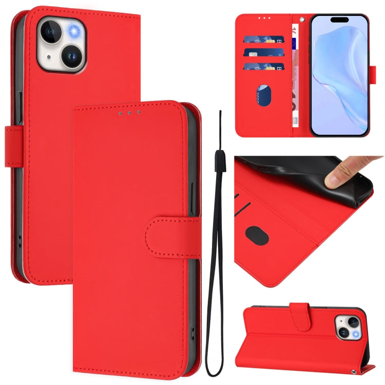 For iPhone 12 mini Skin Feel Solid Color Leather Phone Case with Lanyard(Red)
