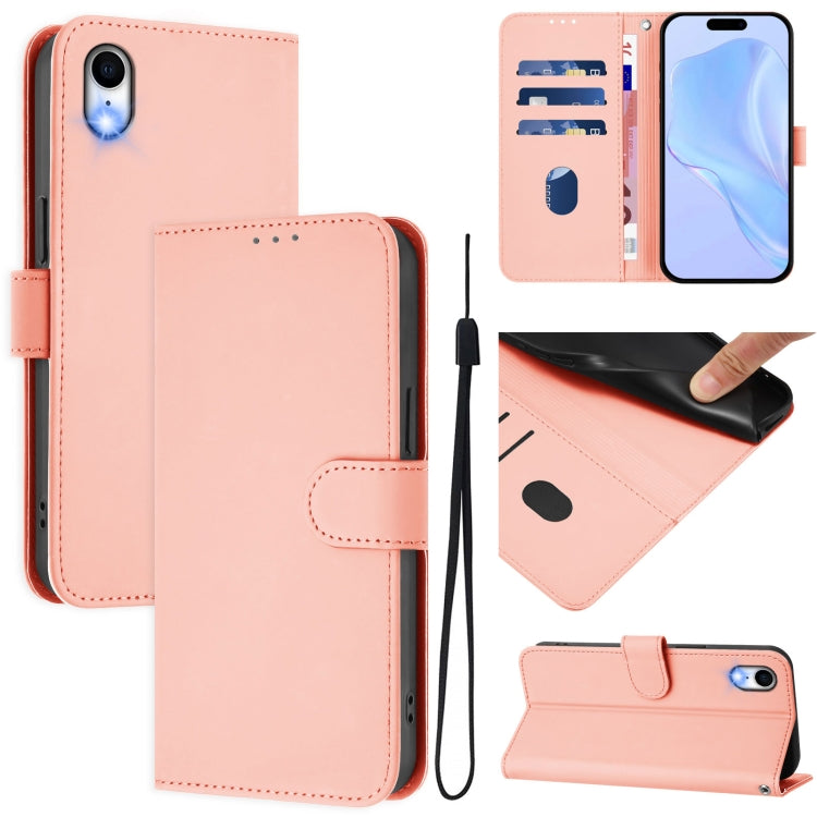For iPhone XR Skin Feel Solid Color Leather Phone Case with Lanyard(Pink)