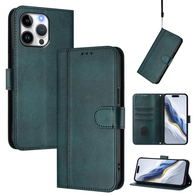 For iPhone 16 Pro Line Splicing Buckle Retro Leather Phone Case(Dark Green)