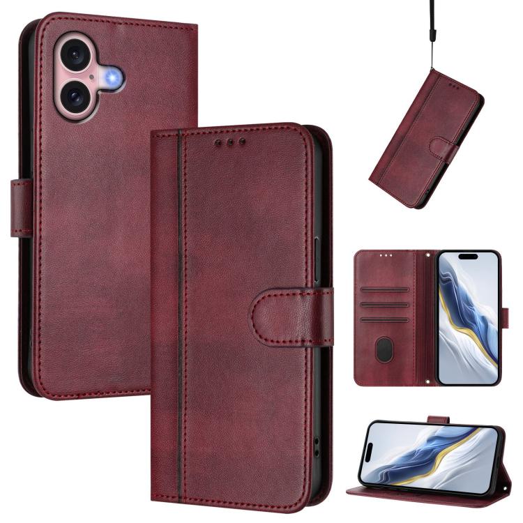 For iPhone 16 Plus Line Splicing Buckle Retro Leather Phone Case(Wine Red)