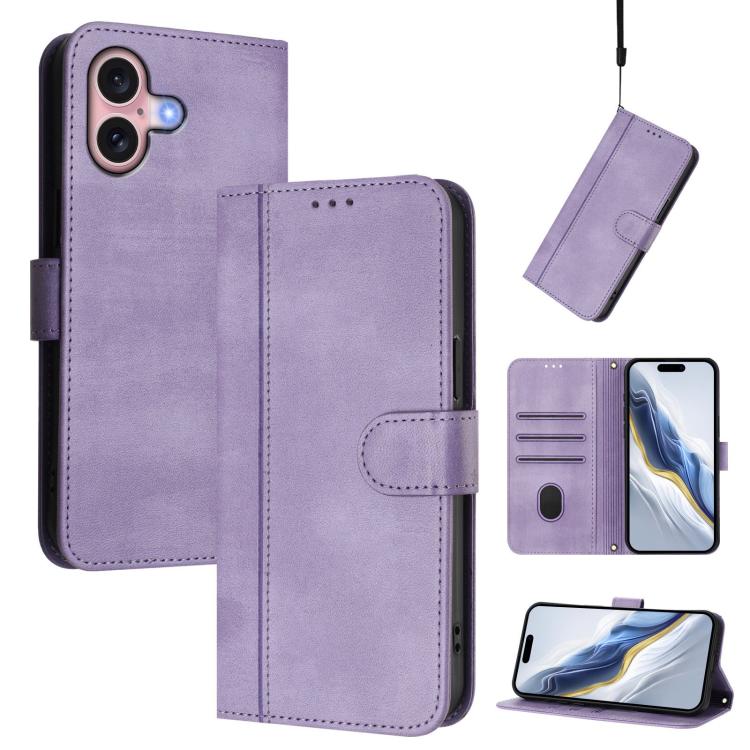 For iPhone 16 Line Splicing Buckle Retro Leather Phone Case(Purple)