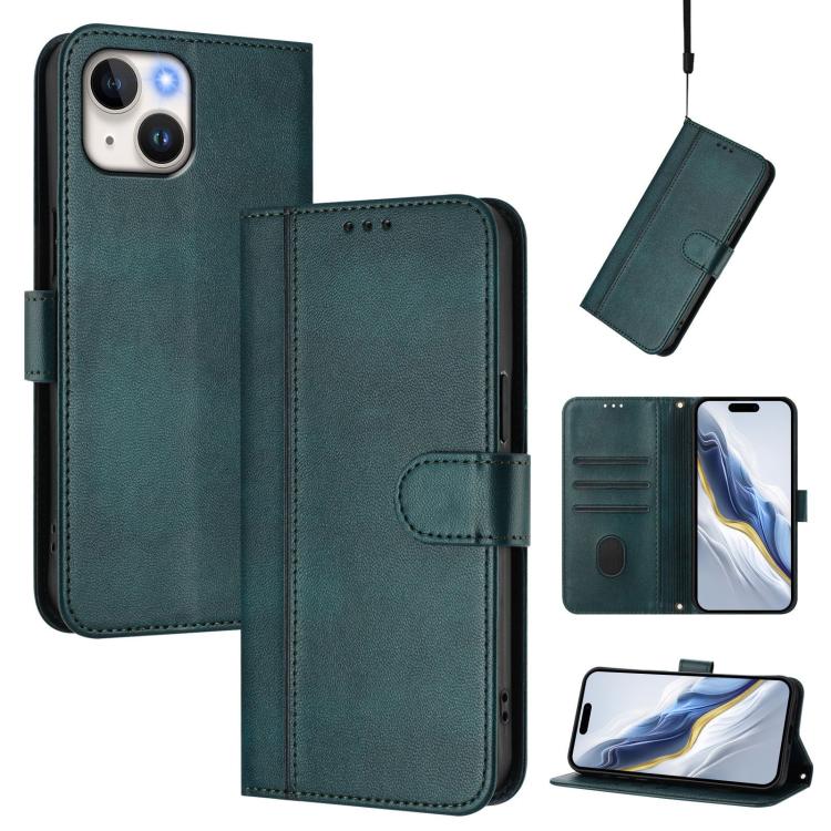 For iPhone 15 Plus Line Splicing Buckle Retro Leather Phone Case(Dark Green)
