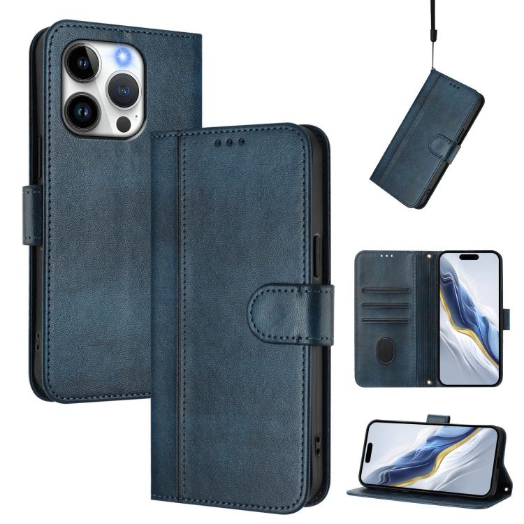 For iPhone 14 Pro Max Line Splicing Buckle Retro Leather Phone Case(Dark Blue)