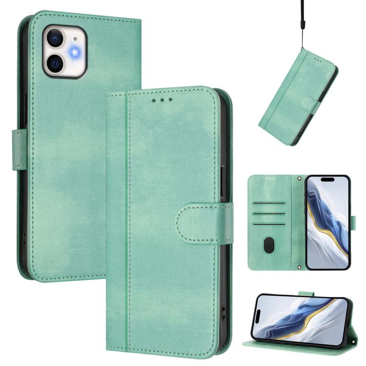 For iPhone 12 / 12 Pro Line Splicing Buckle Retro Leather Phone Case(Mint Green)