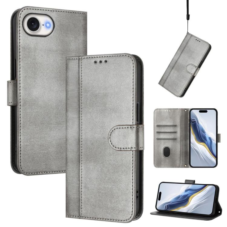 For iPhone 16e Line Splicing Buckle Retro Leather Phone Case(Grey)
